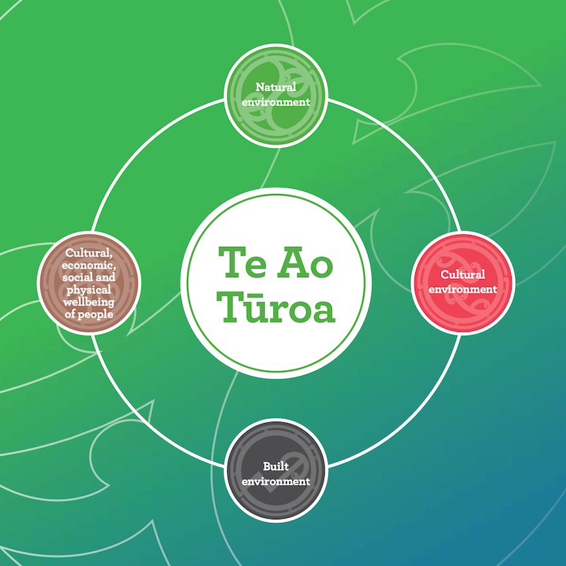 Diagram showing components of Te Ao Tūroa: Wellbeing of people, natural environment, cultural environment and built environment