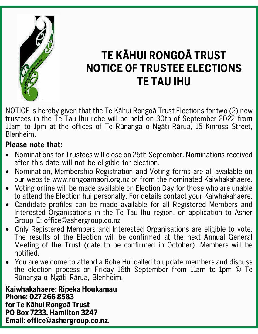 Te Kāhui Rongoā Trust: Notice of Trustee elections