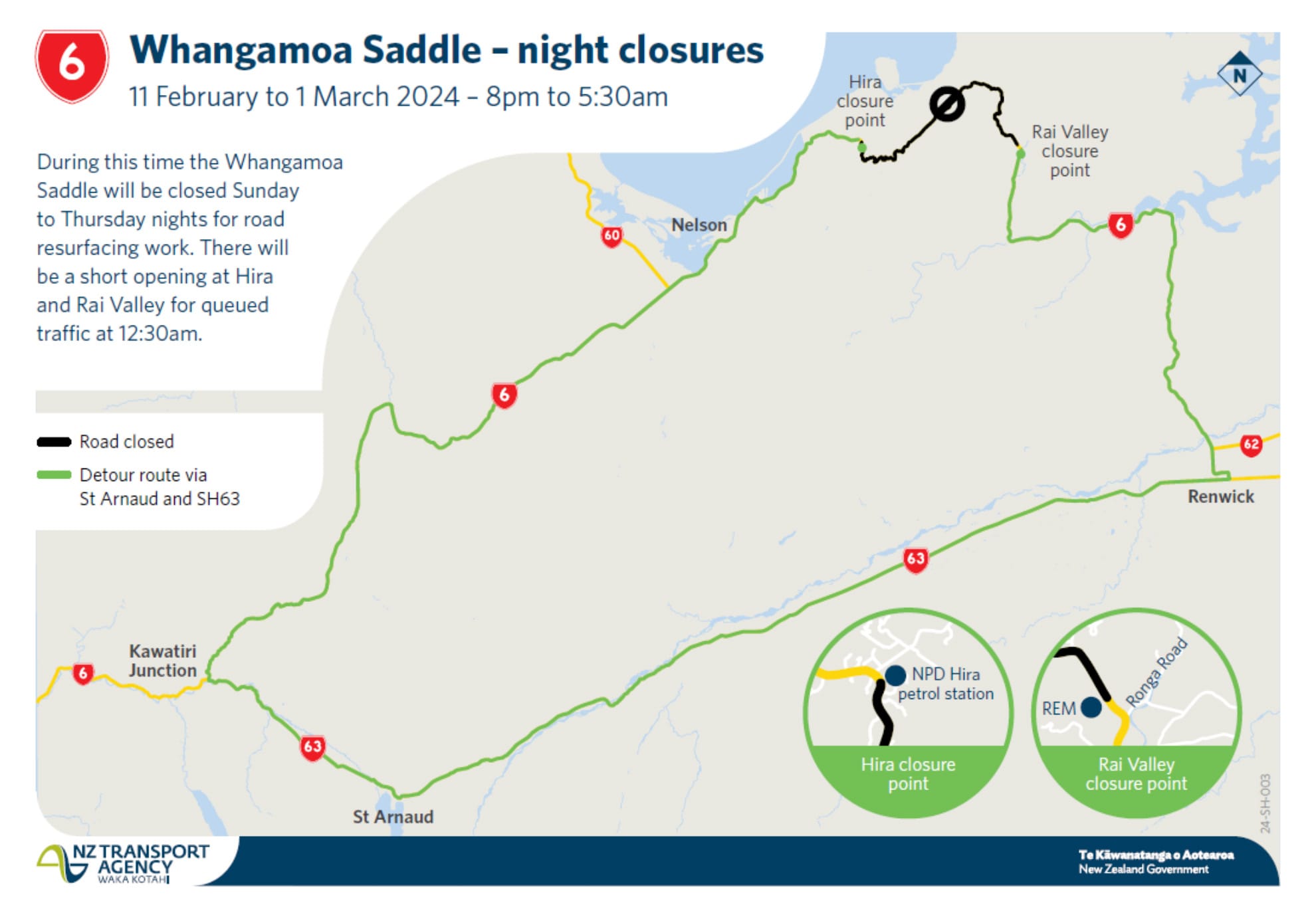 Whangamoa Saddle SH6 night closures in February