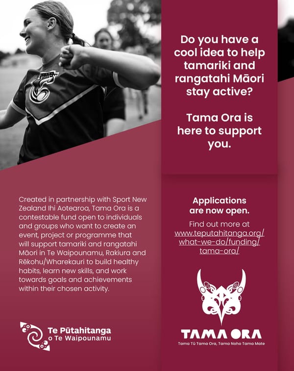 Tama Ora fund poster explaining purpose of fund - to build healthy, active tamariki and rangatahi.